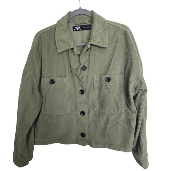 Zara Jacket Green Corderoy Button Front Long Sleeve Crop Shirt Shacket Women L - Picture 1 of 8